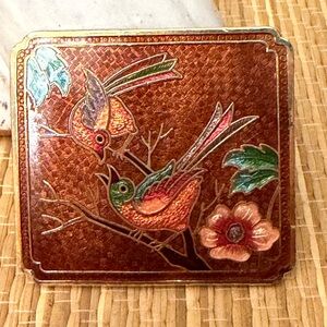 Vintage Cloisonné Belt Buckle Birds On A Branch Flowers Maroon Pink Teal Red